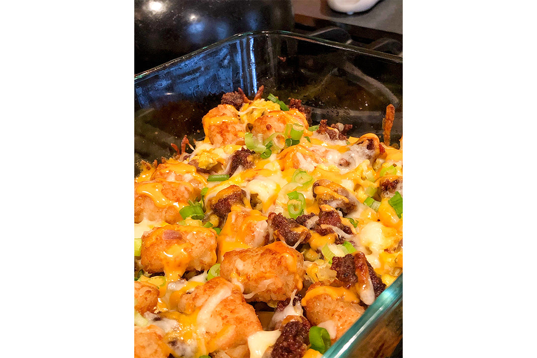 Sriracha Sausage Tater Tot Casserole with Terrapin Ridge Farms Sriracha Aioli Sriracha Sausage Tater Tot Casserole with Terrapin Ridge Farms Sriracha Aioli